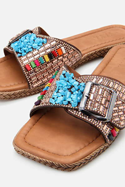 Yaya by Hotiç Colorful Stone Buckle Women's Slippers – Ethnic Patterned Comfortable Slippers 01Tey308430A47M