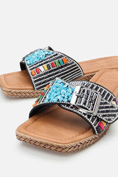 Yaya by Hotiç Colorful Stone Buckle Women's Slippers – Ethnic Patterned Comfortable Slippers 01Tey308430A10M