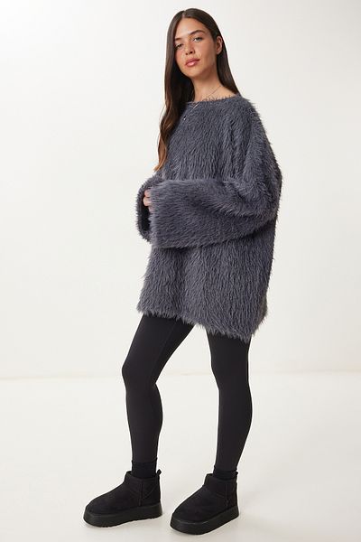 Happiness İstanbul Women's Gray Soft Textured Bearded Knitwear Sweater Ki̇00133