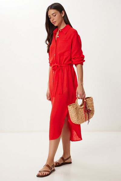 Happiness İstanbul Women's Red Belted Muslin Shirt Dress Ub00407