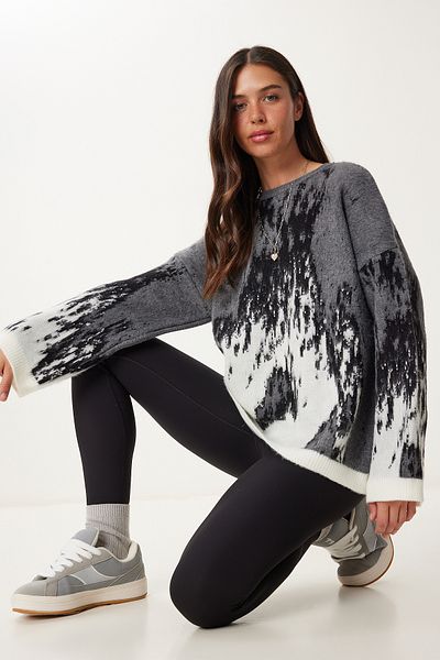 Happiness İstanbul Women's Anthracite Gray Patterned Oversize Knitwear Sweater Ki̇00124