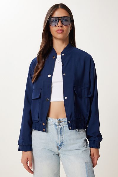 Happiness İstanbul Women's Navy Blue Gabardine Bomber Jacket with Flap Pockets Mx00235