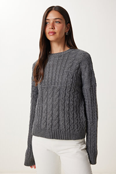 Happiness İstanbul Pulover de tricotaj elastic împletit cu păr antracit pentru femei Kİ00138