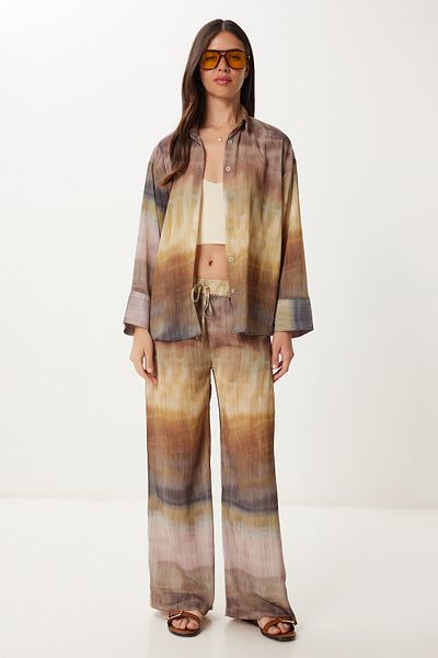 Happiness İstanbul Women's Mink Yellow Tie-Dye Patterned Woven Shirt Trousers Set Hr00006