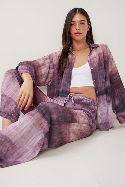 Happiness İstanbul Women's Plum Pink Tie Dye Patterned Woven Shirt Trousers Set Hr00006
