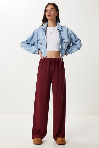 Happiness İstanbul Women's Burgundy Wide Leg Comfortable Knitted Trousers Pb00054