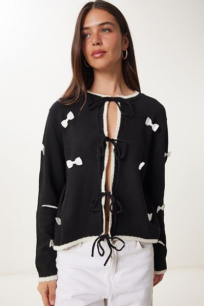 Happiness İstanbul Women's Black Contrast Color Bow Knitwear Cardigan Ns00458