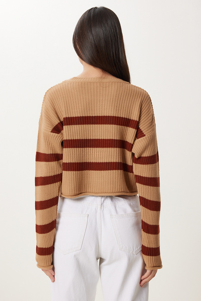 Happiness İstanbul Γυναικείο πλεκτό πουλόβερ Camel ριγέ Kİ00139