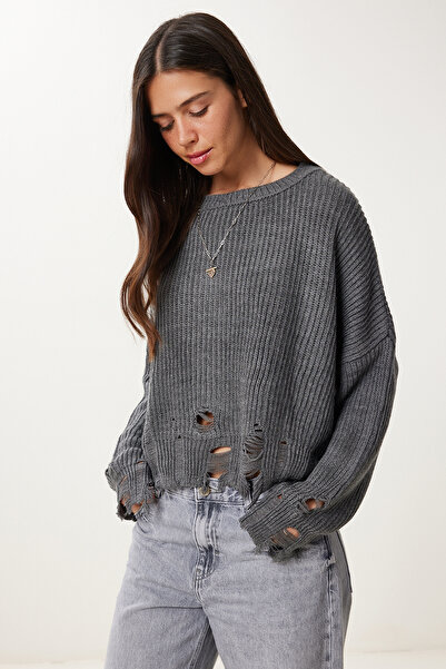 Happiness İstanbul Dámský šedý oversize svetr s roztrhanými detaily ki00098