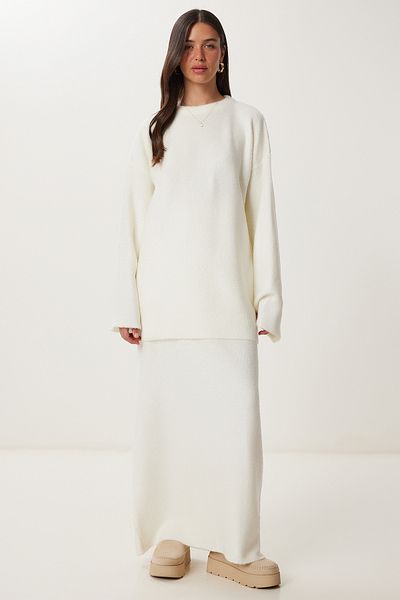 Happiness İstanbul Women's Bone Soft Textured Knitwear Sweater Skirt Set Ki̇00129
