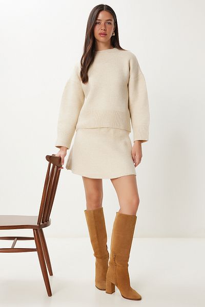 Happiness İstanbul Women's Cream Knitwear Sweater Skirt Set Mt00160