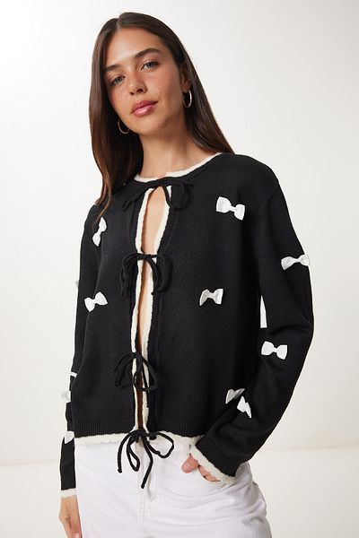 Happiness İstanbul Women's Black Contrast Color Bow Knitwear Cardigan Ns00458