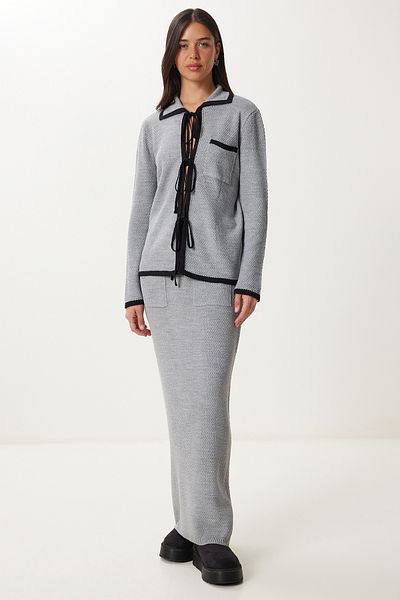 Happiness İstanbul Women's Gray Black Contrast Color Knitwear Blouse Skirt Suit Ki̇00128