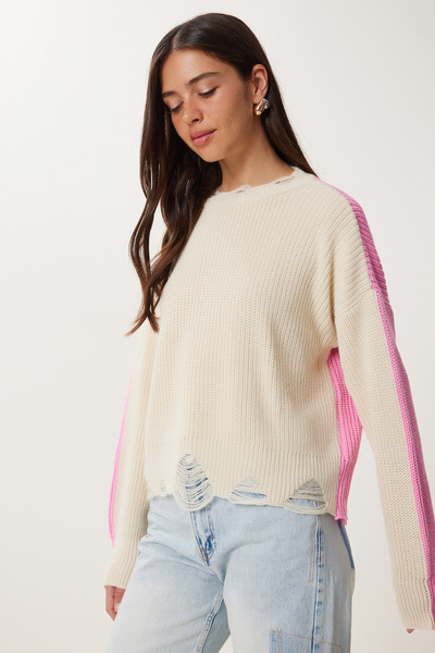 Happiness İstanbul Pulover de damă, roz crem, culoare contrastantă, tricotaj rupt Kİ00135