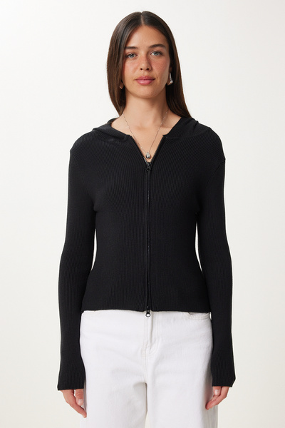 Happiness İstanbul Kadın Siyah Kapüşonlu Fermuarlı Fitilli Triko Hırka UB00408