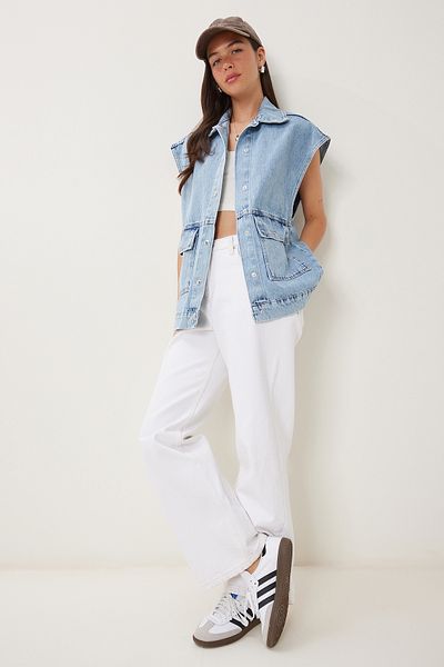 Happiness İstanbul Women's Light Blue Polo Collar Denim Vest with Pockets Rv00213