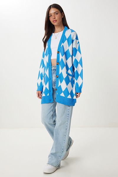 Happiness İstanbul Cardigan lung de tricotaj cu model de diamante ecru albastru pentru femei Kİ00126