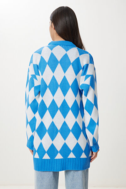 Happiness İstanbul Kadın Mavi Ekru Baklava Desenli Uzun Triko Hırka Kİ00126