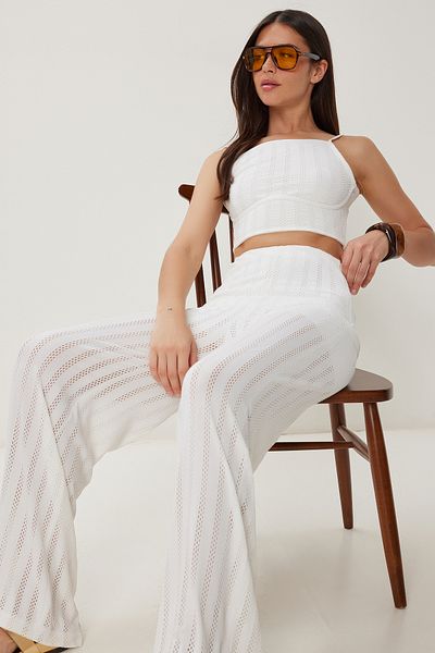 Happiness İstanbul Women's Ecru Openwork Knitted Blouse Trousers Set Dm00145