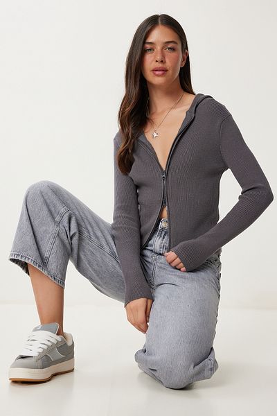Happiness İstanbul Women's Anthracite Hooded Zippered Ribbed Knitwear Cardigan Ub00408