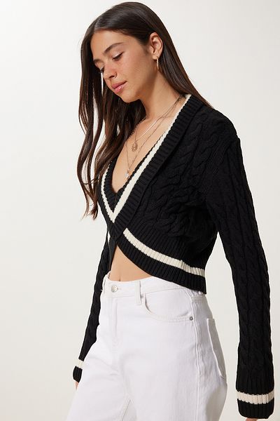 Happiness İstanbul Pulover de damă negru contrastant de culoare crop tricotaje RW00007