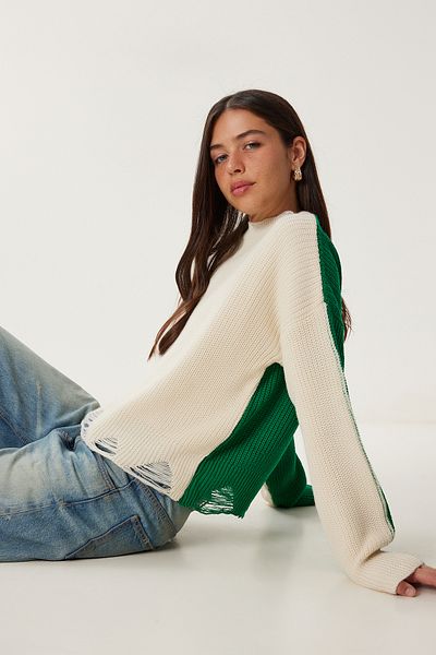 Happiness İstanbul Pulover de damă, verde crem, culoare contrastantă, tricotaj rupt Kİ00135