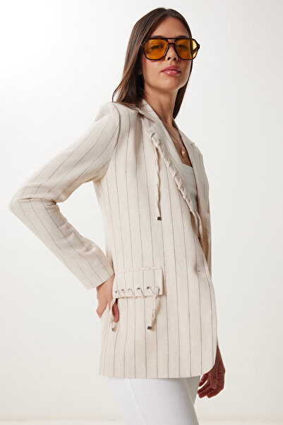 Happiness İstanbul Women's Cream Padded Striped Linen Jacket Xl00001
