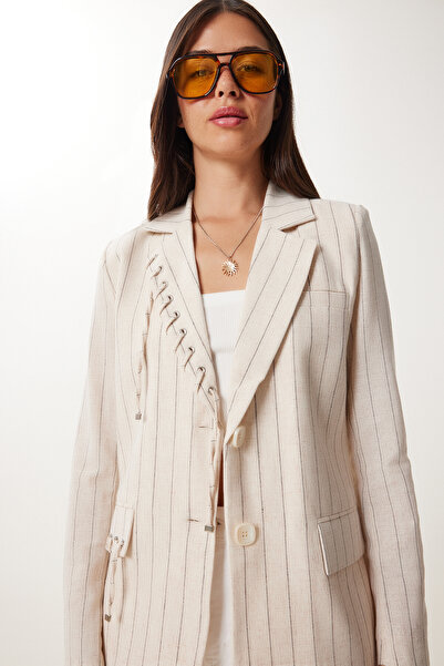 Happiness İstanbul Women's Cream Padded Striped Linen Jacket Xl00001