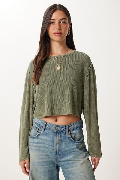 Happiness İstanbul Women's Khaki Washed Crop Knitwear Sweater Ns00459