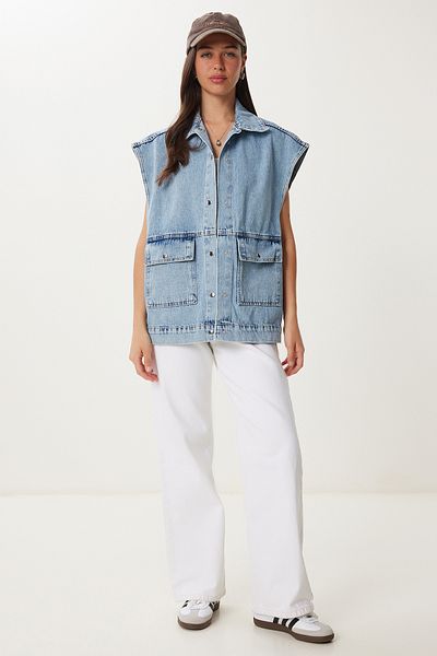 Happiness İstanbul Women's Light Blue Polo Collar Denim Vest with Pockets Rv00213