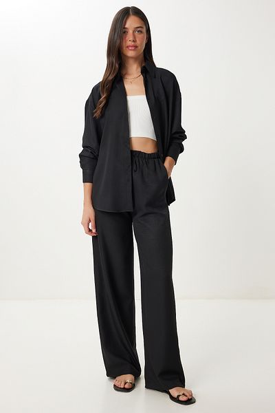 Happiness İstanbul Women's Black Linen Shirt Pants Suit Pb00051