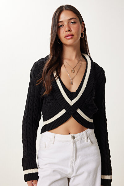 Happiness İstanbul Pulover de damă negru contrastant de culoare crop tricotaje RW00007