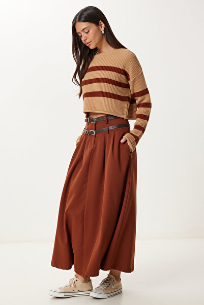 Happiness İstanbul Women's Brown Double Belted Flared Woven Skirt Rg00082