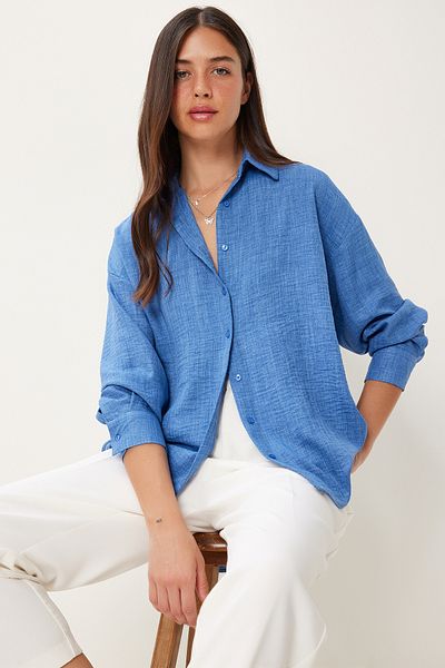 Happiness İstanbul Women's Indigo Blue Oversize Linen Shirt Pb00053