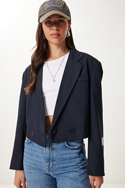 Happiness İstanbul Dámská tmavě modrá vycpaná Crop tkaná bunda RG00077