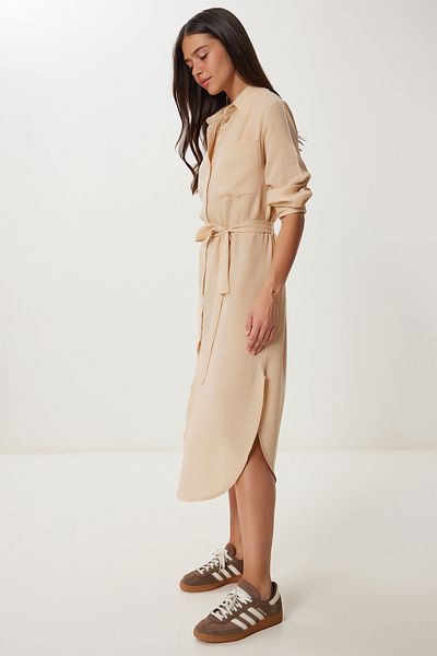 Happiness İstanbul Γυναικείο φόρεμα πουκάμισο Latte Belted Muslin UB00407