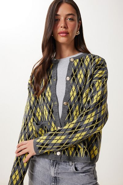 Happiness İstanbul Women's Gray Yellow Diamond Patterned Knitwear Cardigan Ki̇00136