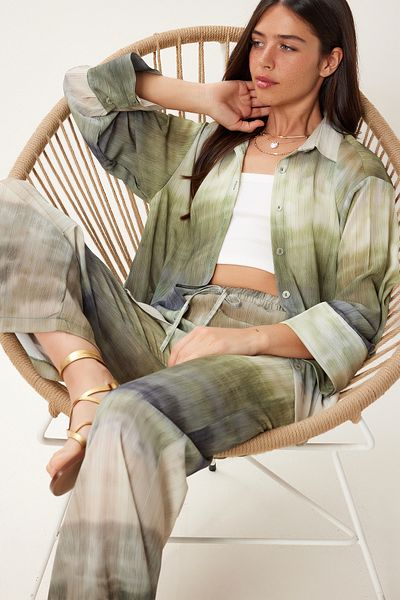 Happiness İstanbul Women's Green Tie Dye Patterned Woven Shirt Pants Set Hr00006