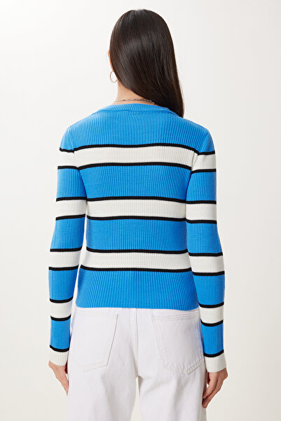 Happiness İstanbul Pulover de damă, albastru ecru, cu dungi, elastic Kİ00137