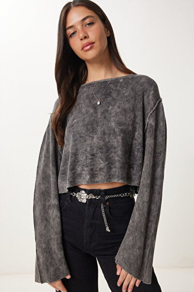 Happiness İstanbul Women's Anthracite Washed Crop Knitwear Sweater Ns00459