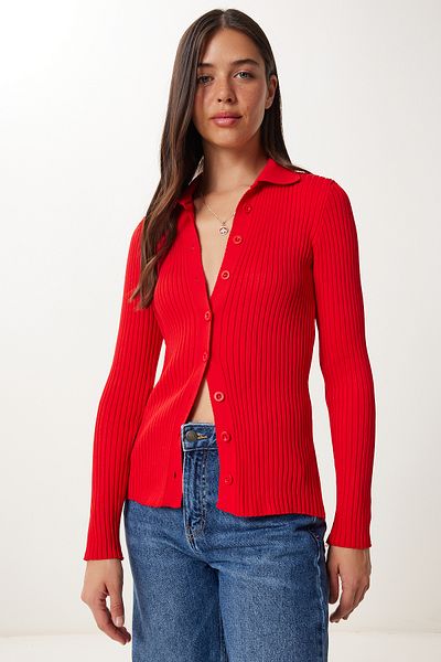 Happiness İstanbul Women's Red Buttoned Flexible Ribbed Knitwear Blouse Ki̇00134