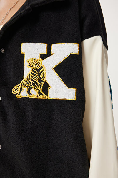 Happiness İstanbul Γυναικείο Μαύρο Σλόγκαν Oversize Stamped College Jacket RG00079