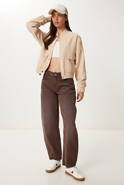 Happiness İstanbul Women's Cream Gabardine Bomber Jacket with Flap Pockets Mx00235