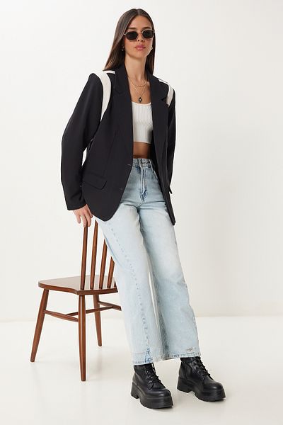 Happiness İstanbul Women's Black Bone Contrast Color Padded Woven Blazer Jacket Rg00076