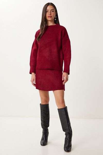 Happiness İstanbul Women's Burgundy Knitwear Sweater Skirt Set Mt00160