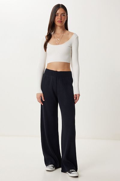 Happiness İstanbul Women's Navy Blue Ribbed Knitwear Trousers Ki̇00096