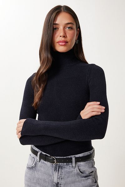 Happiness İstanbul Women's Black Turtleneck Stretchy Ribbed Sweater Ns00460