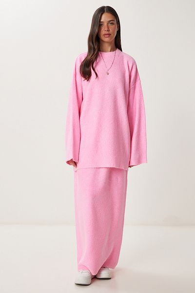Happiness İstanbul Women's Pink Soft Textured Knitwear Sweater Skirt Set Ki̇00129