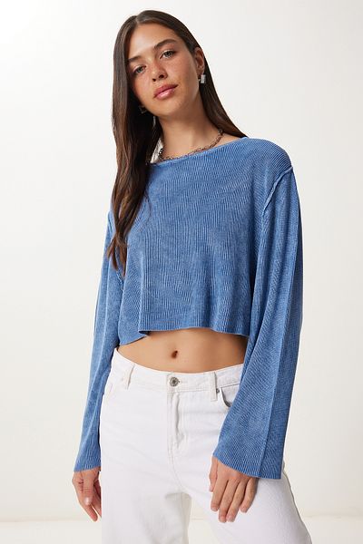 Happiness İstanbul Women's Indigo Blue Washed Crop Knitwear Sweater Ns00459