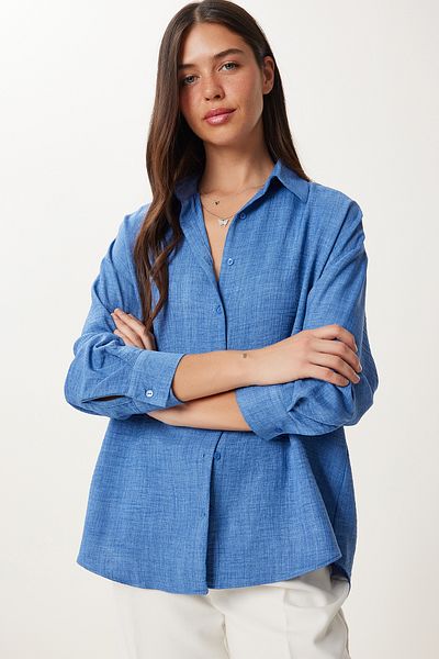 Happiness İstanbul Women's Indigo Blue Oversize Linen Shirt Pb00053
